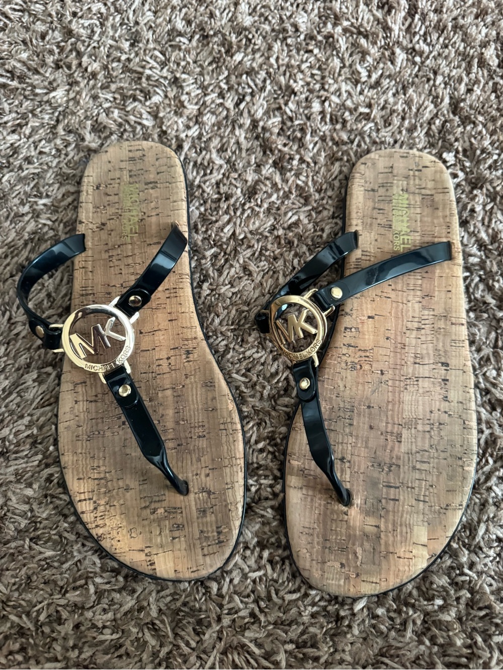 Michael Kors Black Patent Thong Sandals with Gold MK Medallion